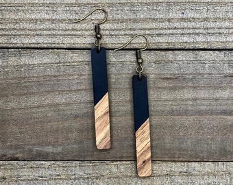 Matte Black & Wood "Longies" Wood + Resin Bohemian Earrings