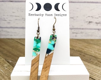 Aqua Gold Boho Ohrringe Walnuss Holz und Harz Jeden Tag erdige Ästhetische Schmuck Geburtstag Geschenk für ihre Schwester Tochter Mom Hippie Freundin