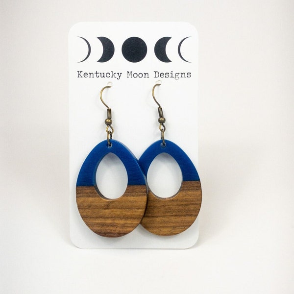 Navy Blue Bohemian Earrings Hollow Teardrop Wooden Earrings Boho Earrings Teardrop Wood Resin Dangle Hippie Earrings Wood Resin Drop