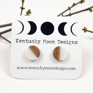 White Minimalist Wooden Stud Earrings Round Resin Walnut Wood Studs for Simple Unique Everyday Wear Perfect Birthday Gift for Her | Friends