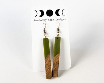 Green Boho Dangle Earrings Walnut Wood and Resin Everyday Earthy Aesthetic Jewelry Birthday Gift for Her Sister Daughter Mom Hippie Friend