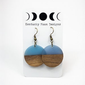 Misty Blue Rounds Wood Resin Boho Dangle Earrings