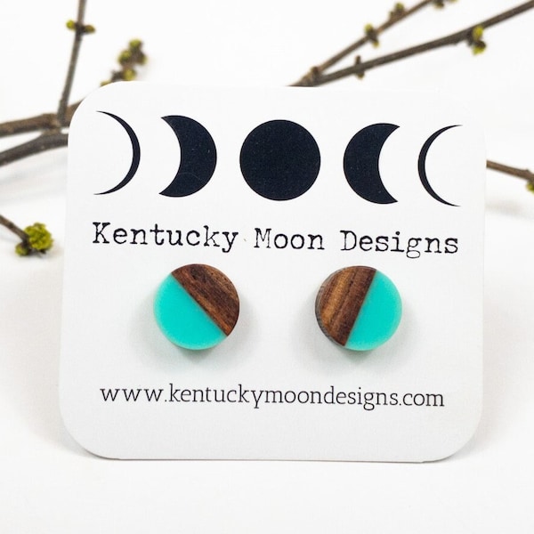 Aqua Minimalist Wooden Stud Earrings Round Resin Walnut Wood Studs for Simple Unique Everyday Wear Perfect Birthday Gift for Her | Friends