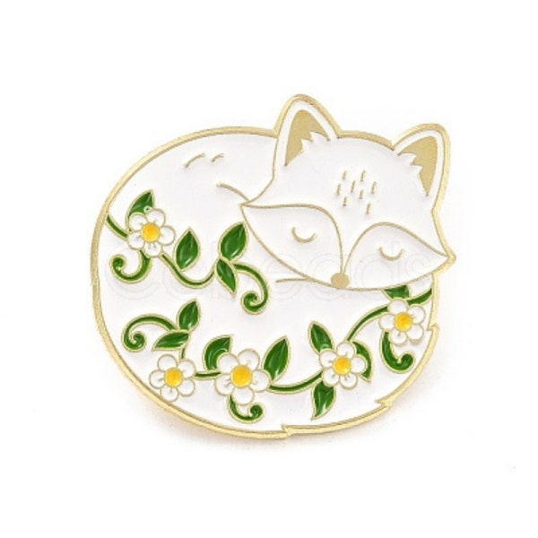 Floral Fox Enamel Pin, Cute Sleeping Fox Lapel Pin, White and Gold Flower Fox Brooch, Animal Jewelry Accessory, Fox Lover Gift Idea