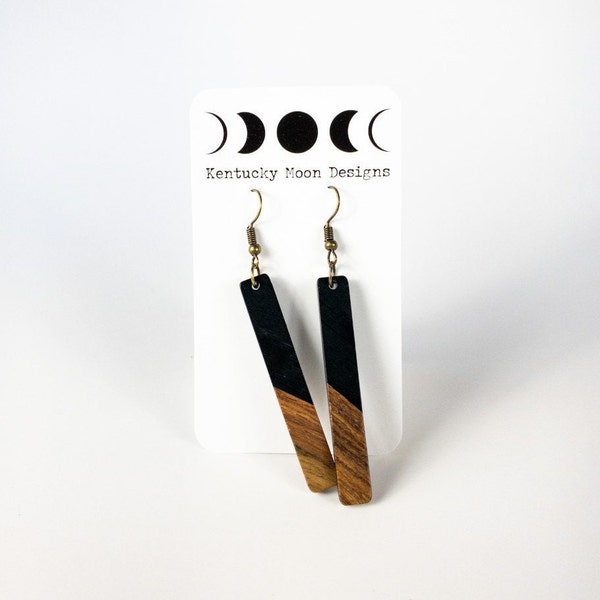 Black Boho Dangle Earrings Walnut Wood and Resin Everyday Earthy Aesthetic Jewelry Birthday Gift for Her Sister Daughter Mom Hippie Friend