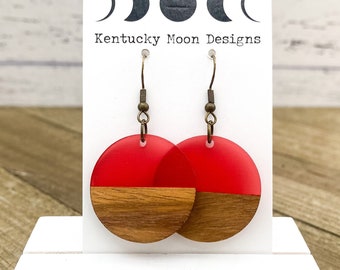 Scarlet Red Bohemian Round Earrings Boho Earrings Wood Resin Dangle Earrings Lightweight Earrings Hypoallergenic Earrings