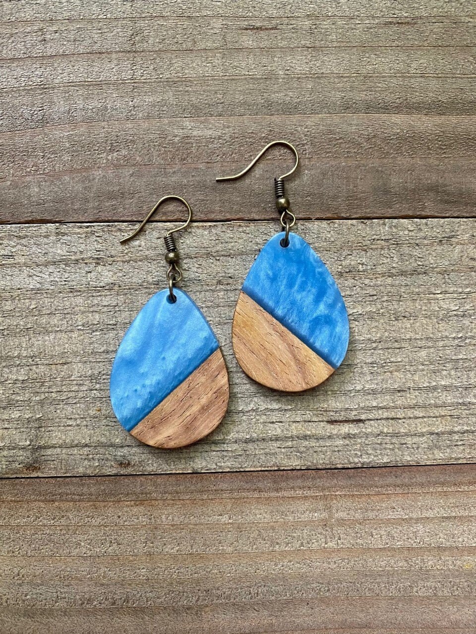 Pearly Blue & Wood Large Teardrops - Bohemian Earrings