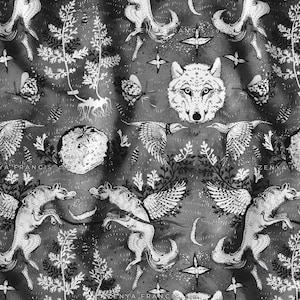 Charity fabric Wolf and Wryneck, velvet, cotton, linen, silk, witchy goth Halloween