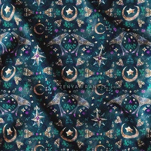 Blue/teal: velvet, poplin, cotton linen, faux silk, goth boho whimsical moon fabric; Etched Gems