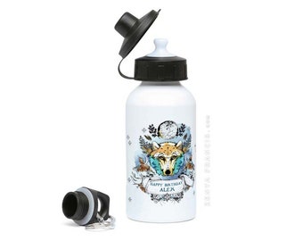 Personalised bottle, name water bottle, custom flask for sports with moon and wolf