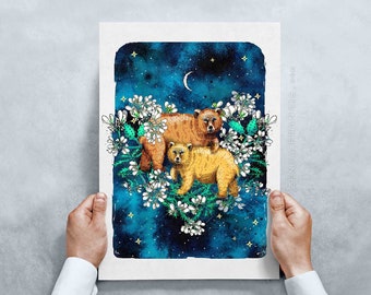 Bears UK made print, forest nursery art, Bear and Bur Parsley