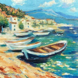 Mediterranean Landscape Painting - Boats in Greece - 12x12 Acrylic on Wood, Warm Seascape Painting, Signed Original