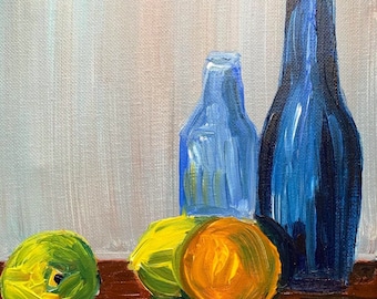 Glass bottles and fruit, original still life painting, oil painting on canvas