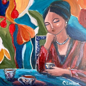 Daydreaming, abstract woman portrait painting, 12x12 acrylic on wood, signed original