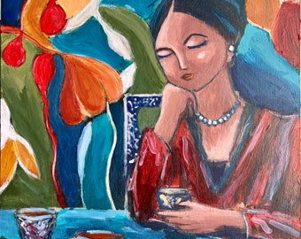 Daydreaming, abstract woman portrait painting, 12x12 acrylic on wood, signed original