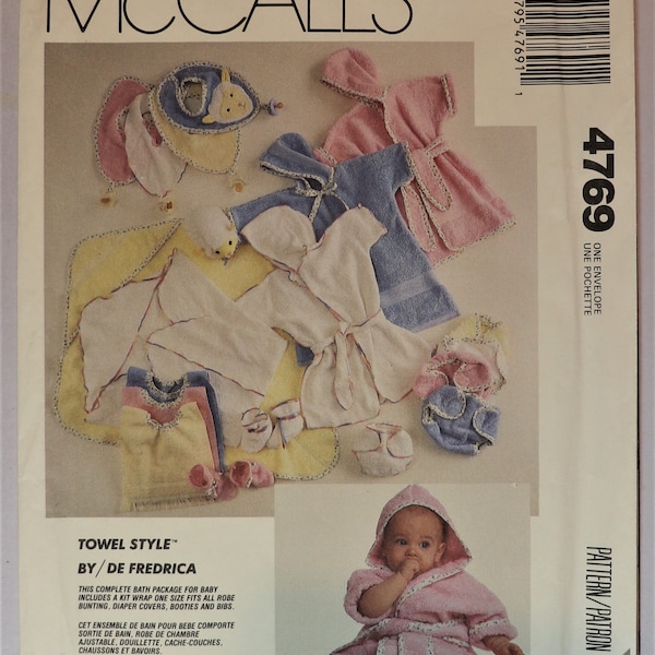 McCall's 4769.  Infant layette pattern.  Infants towel and robe or bunting  booties, bib and diaper cover pattern.  SZ NB-L. Uncut