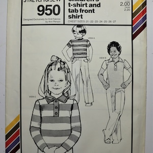May include: A vintage sewing pattern for children's t-shirts and tab front shirts. The pattern features illustrations of three different shirt styles, including a striped t-shirt and a collared polo shirt. The chest sizes range from 21 to 27 inches.