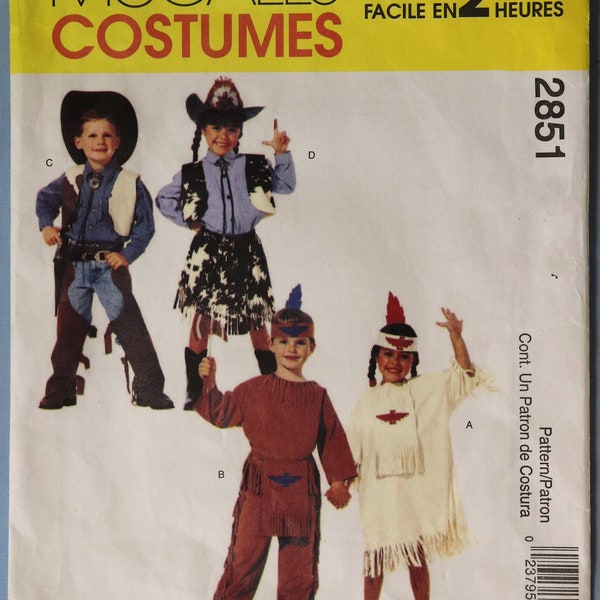 McCall's 2851.  Child's cowboy and indians costume pattern.  Boy and girl cowboy and indians costume pattern.  SZ 3-4. Uncut