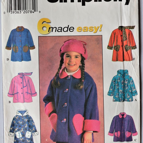 Simplicity 7822.  Girls coat or jacket pattern. Toddler girl's loose fit hooded jacket pattern.    SZ 2,3,4.Uncut