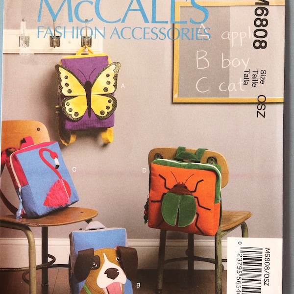 McCall's 6808.  Backpacks pattern.  Childs butterfly, puppy, flamingo, beetle backpacks pattern.  Uncut