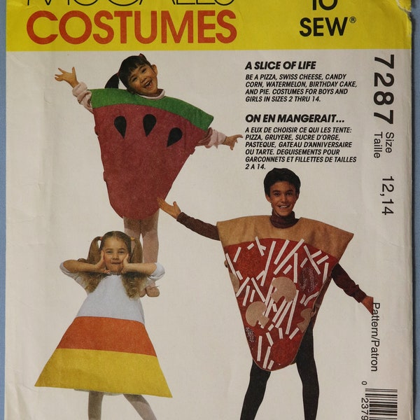 McCall's 7287.  Boy/girl costume pattern.  "A Slice of Life" pizza, pie, cake, cheese, watermelon slice costume pattern. SZ 12,14 Uncut