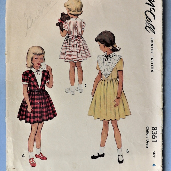 McCall's 8361.  Vintage 1950 girl's dress pattern.  Girl's dress pattern.  Wide collar vintage 50's dress pattern.  SZ 4.