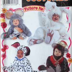May include: Simplicity Costumes pattern 0652 for sizes A 1/2, 1, 2, 3, 4. The package features four animal costumes: a gray mouse, a white rabbit, a black and white dalmatian, and a brown monkey with a gold crown. Includes text Picture Me.