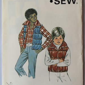 May include: A Kwik Sew pattern envelope 1124 for sizes 4-5-6-7 featuring illustrations of two individuals wearing puffer vests. One individual wears a blue vest over a red plaid shirt and jeans, while the other wears a brown vest over a white sweater.