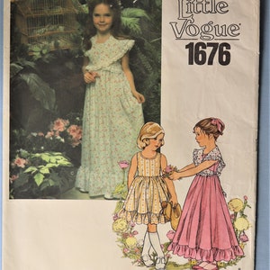 May include: Vintage Little Vogue 1676 sewing pattern. The cover features a photograph of a young girl in a floral dress and illustrations of two girls in dresses. The pattern includes the text "PATTERN/PATRON".