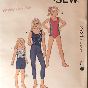 Kwik Sew 2724.  Girl's leotard, leggings and shorts pattern.  Child dance wear pattern.  SZ 4-7 Uncut