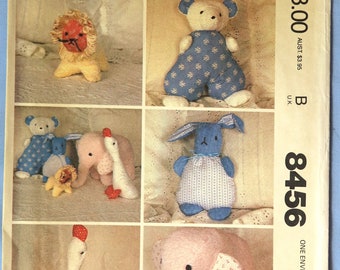 McCall's 8456.  Stuffed animals pattern.  Baby nursery soft stuffed animals lion, elephant, bear, rabbit, duck pattern.