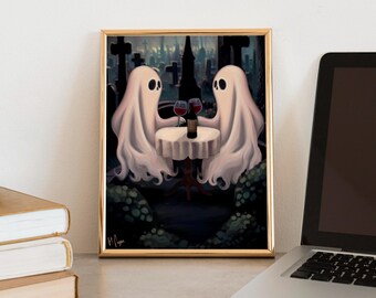 May include: Two white ghosts sitting at a table in a graveyard, each holding a glass of red wine and a bottle of wine is on the table.