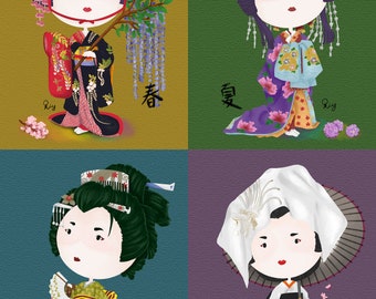 Set of 4 Japanese Geisha Girl in Kimono, Nihon Buyo, Digital Art, Wall Art, 4:3 Ratio