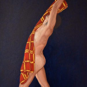 Origineel olieverfschilderij op klein formaat MDF-plaat, naakte man staand met rode doek, donkerblauwe achtergrond, Patrícia Trindade