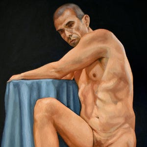 Olieverfschilderij op MDF-plaat, "Baring Verse", naakte mannelijke figuur op donkere achtergrond, blauw, Patrícia Trindade