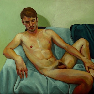 Giclée of the painting "Naked Blue", portrait of a naked man on a sofa, reproductions, print, Patrícia Trindade