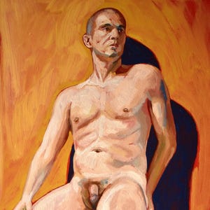 Olieverfschilderij op MDF-plaat, portret ten voeten uit van een naakte man zittend op een rode deken, "Burner Melodie", Patrícia Trindade