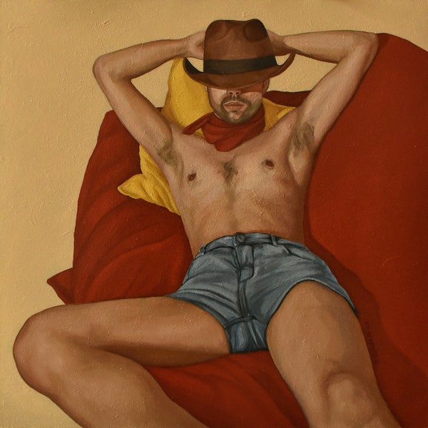 Original Ölgemälde, Cowboy, Junge mit Hut, rotes rechtes Taschentuch, Patrícia Trindade