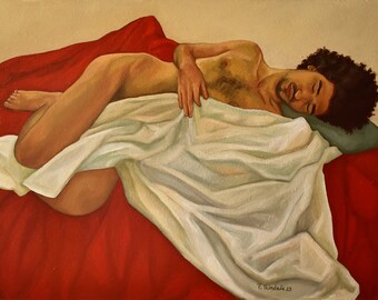 Original oil painting, naked man sleeping, Patrícia Trindade