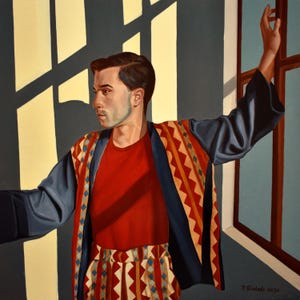 Olieverfschilderij op MDF-plaat, portret van een jongen bij het raam, "De reiziger", Patrícia Trindade