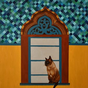 Origineel olieverfschilderij op MDF-plaat, Siamese kat bij het raam, blauwe en groene vierkanten, kattenportretten met ornamenten, Patrícia Trindade