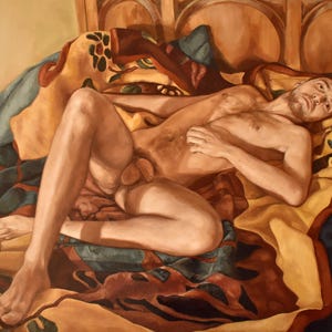 Oil painting on canvas, nude man lying in bed, full-length portrait, male nudity, paintings, Patricia Trindade