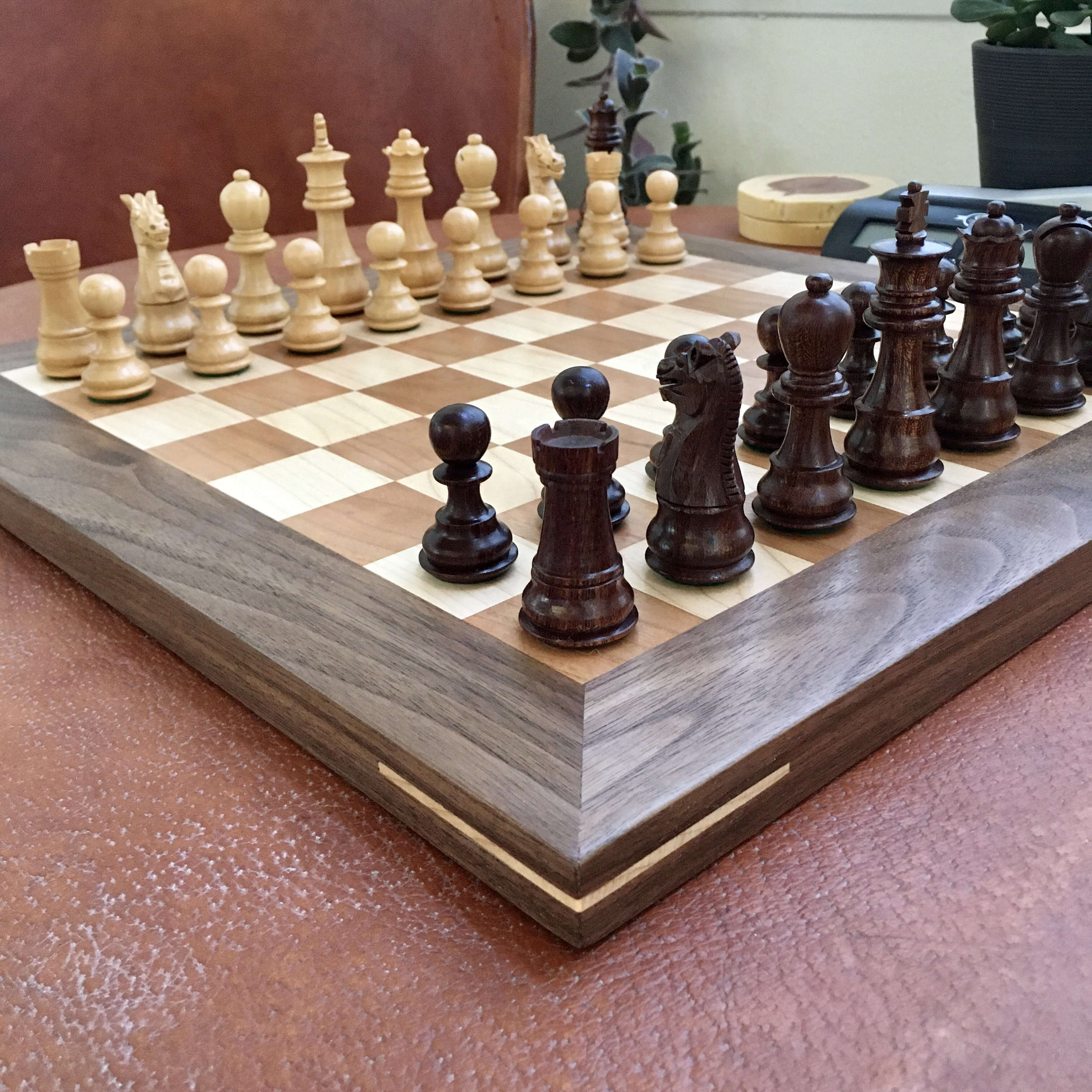 Unique Chess Set With Pieces Ambrosia Maple and Dark Walnut 