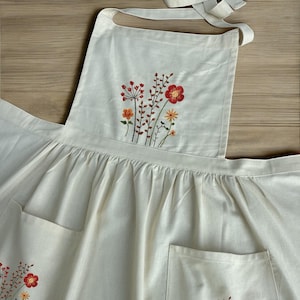 Hand-Embroidered Wildflowers Apron, Apron for Women, Linen Dress Apron, Kitchen/Cooking/Florist/Gardening Apron, Handmade Gift, Floral Apron