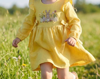 Vestido de Pascua bordado a mano con conejito, vestido de lino suave personalizado, atuendo de Pascua para niña, vestido de Pascua de conejo para niña, regalo de cumpleaños