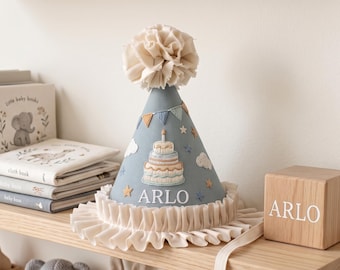 Gorro de cumpleaños personalizado con nombre y pastel bordado, gorro de lino en forma de cono, corona para fiesta de cumpleaños, atuendo para el primer cumpleaños, regalo para fotos, recuerdo de bebé