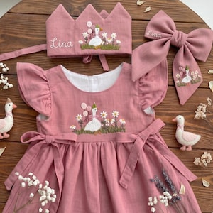Custom One Silly Goose in Garden Hand Embroidered Dress for Girls,Soft Linen Dress,Toddler Linen Dress,1st Birthday Girl Dress,Kids Clothing