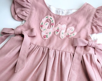 First Birthday Dress, Custom Floral Linen Dress, One - Hand Embroidered Girls Soft Linen Dress, Toddler Linen Dress, Floral Kid Clothing