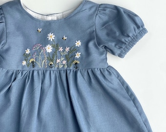 Wildflowers Garden Hand Embroidered Dress, Custom Soft Linen Dress, Toddler Linen Dress, Birthday Dress, Kids Clothing, Dress for Girls