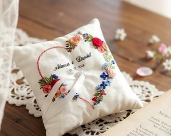 Personalized Floral Heart Hand Embroidered Linen Ring Bearer Pillow, Handmade Cushion, Linen Pillow, Handmade Gifts, Wedding Ring Pillow